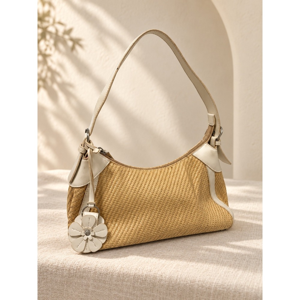 Vintage Woven Straw Baguette Shoulder Bag Tan Cream Floral Charm Y2K Boho C5